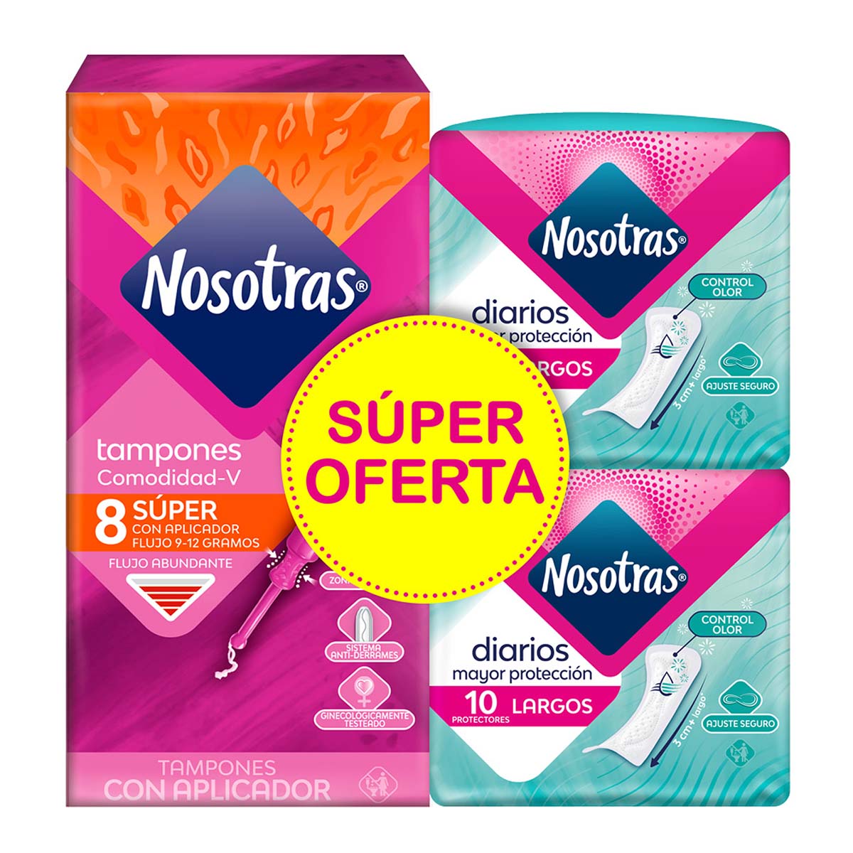 Tampones Nosotras Súper Con Aplicador Caja X 8 Uds + 2 Protectores Nosotras Diarios Largos Paquete X 10 Uds Súper Oferta.