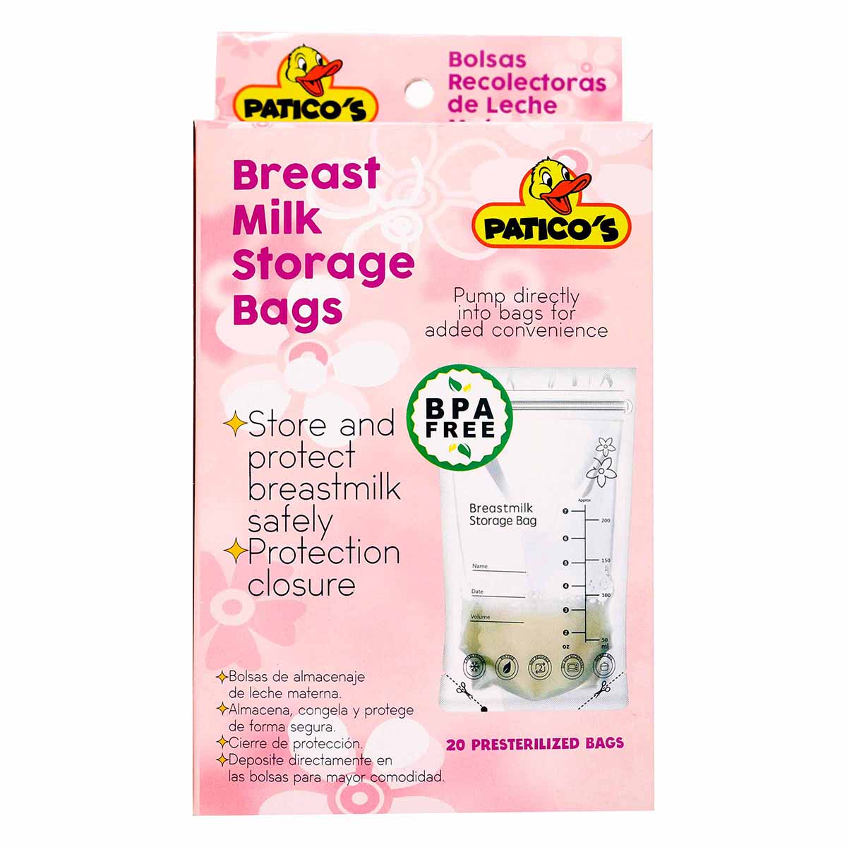 Bolsas Recolectoras de Leche Materna Pre-Esterilizadas Paticos Caja x 20 Uds