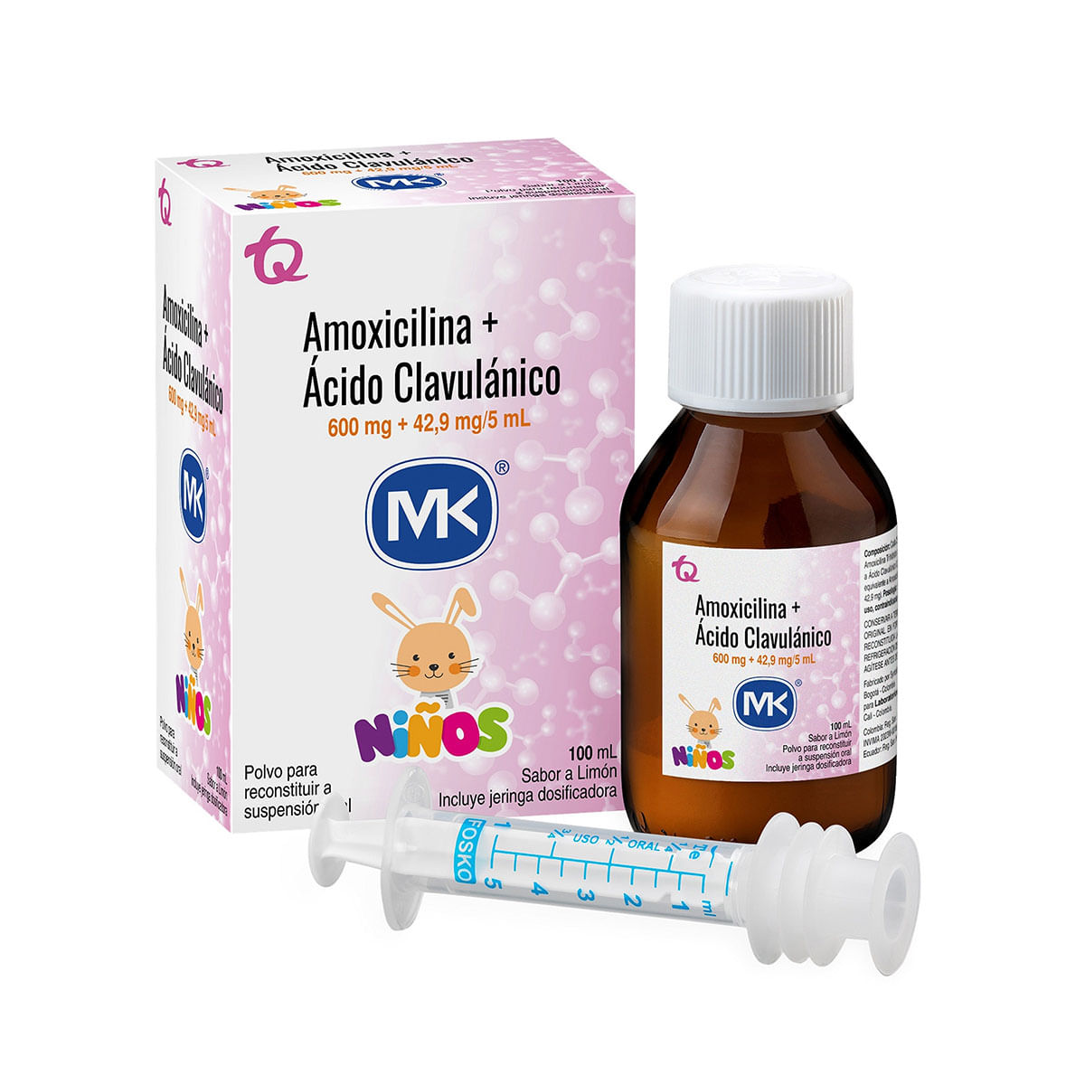 Suspensión Oral Amoxicilina/Ácido Clavulánico 600 Mg+42.9 Mg/5 mL MK Polvo Frasco x 100 mL