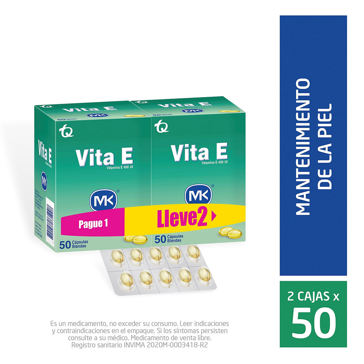 Vita E 400 Ui Mk Caja X 50 Cápsulas Blandas Pague 1 Lleve 2.