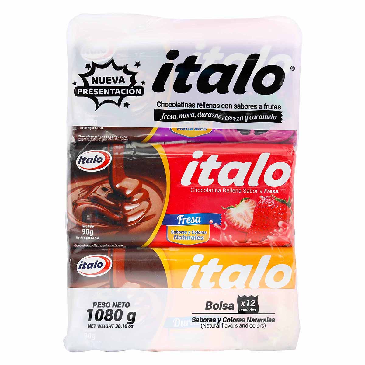 Chocolatina Rellena Con Sabor A Frutas Italo X 90 G Paquete X 12 Uds Surtidas.