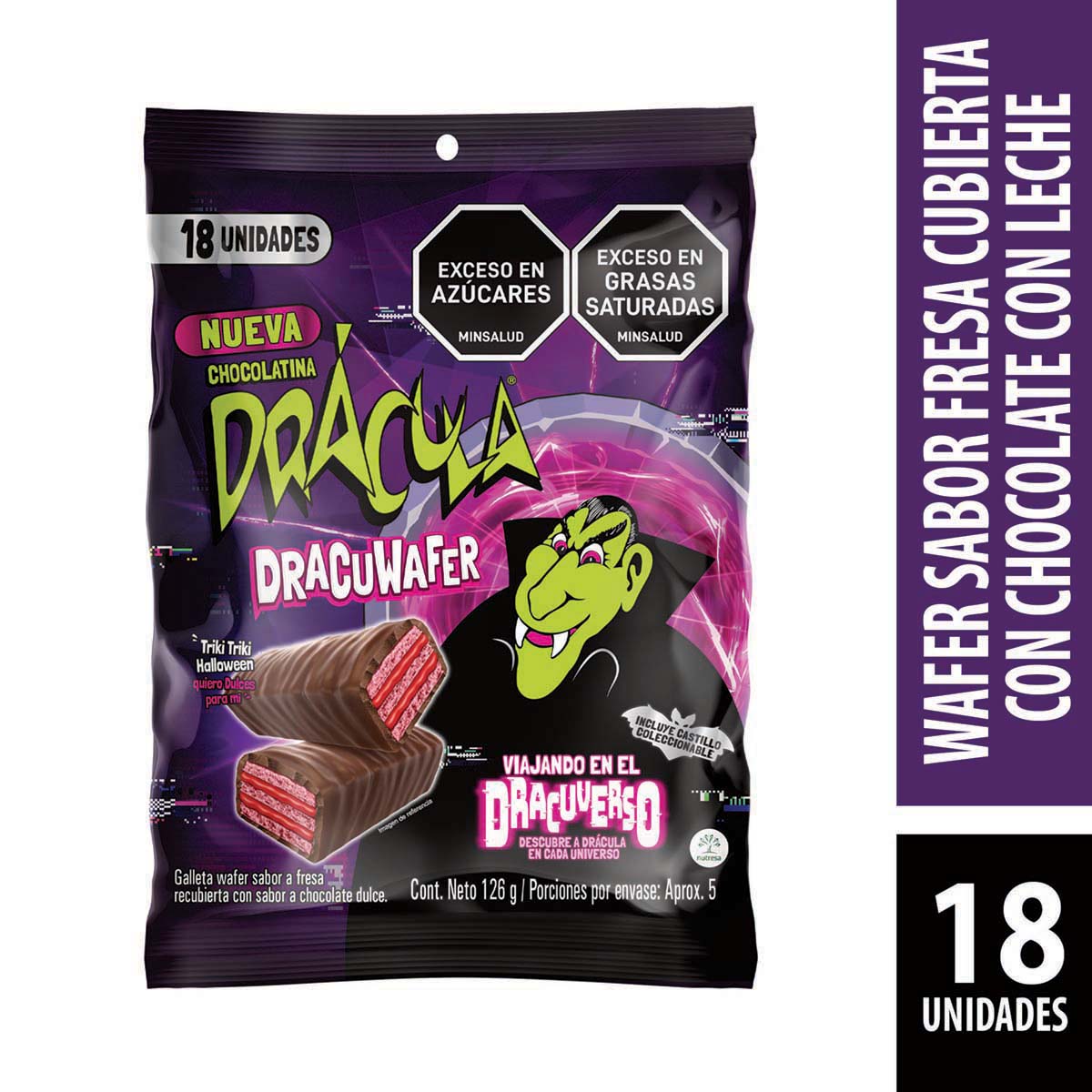 Chocolatina Drácula Wafer con Relleno Sabor Fresa Paquete x 18 uds
