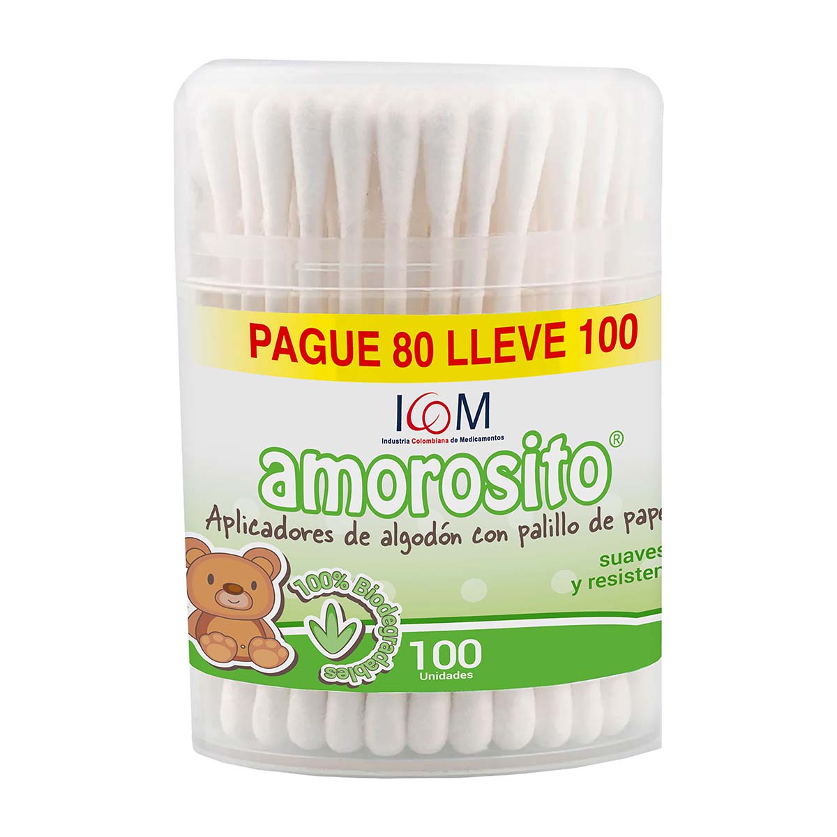 Aplicadores de Algodón Biodegradables Amorosito Frasco x 100 uds