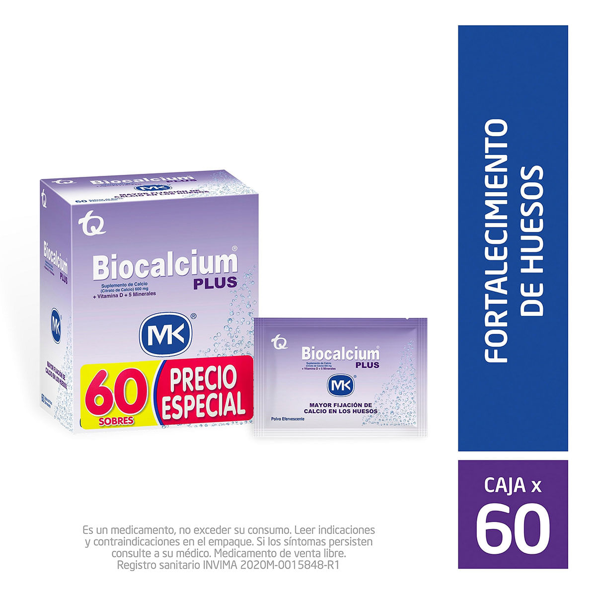Suplemento de Calcio Biocalcium Plus Mk en sobre Caja x 60 Uds
