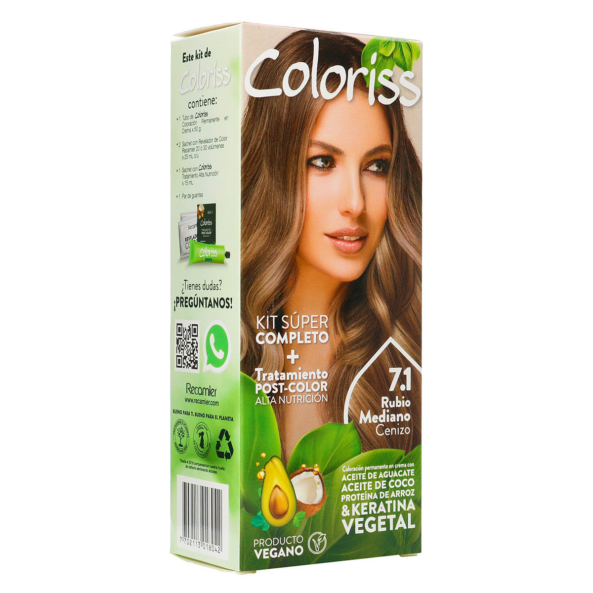 Tinte Permanente Coloriss Kit Color 7.1 Rubio Mediano Cenizo + Tratamiento Post-Color x Caja.