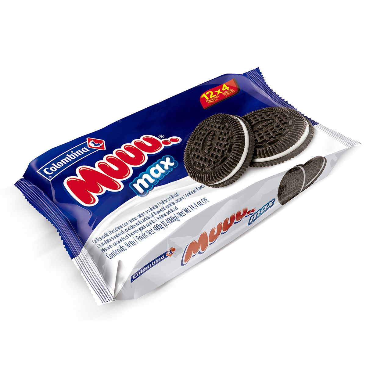 Galletas Muuu Max Sándwich Chocolate Paquete x 408 g x 12 Uds