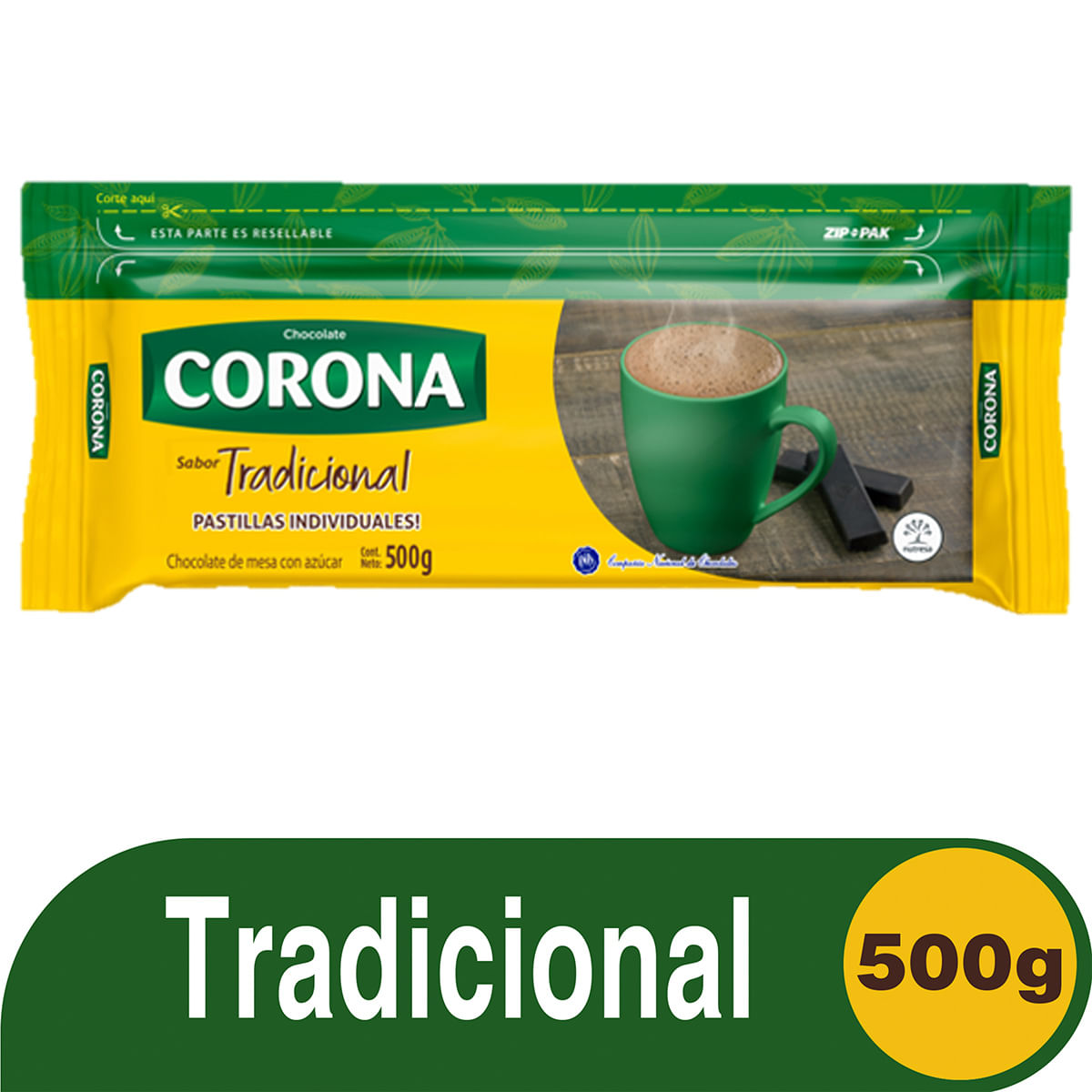 Chocolate de Mesa Corona Tradicional con Azúcar Empaque Resellable x 500 g.