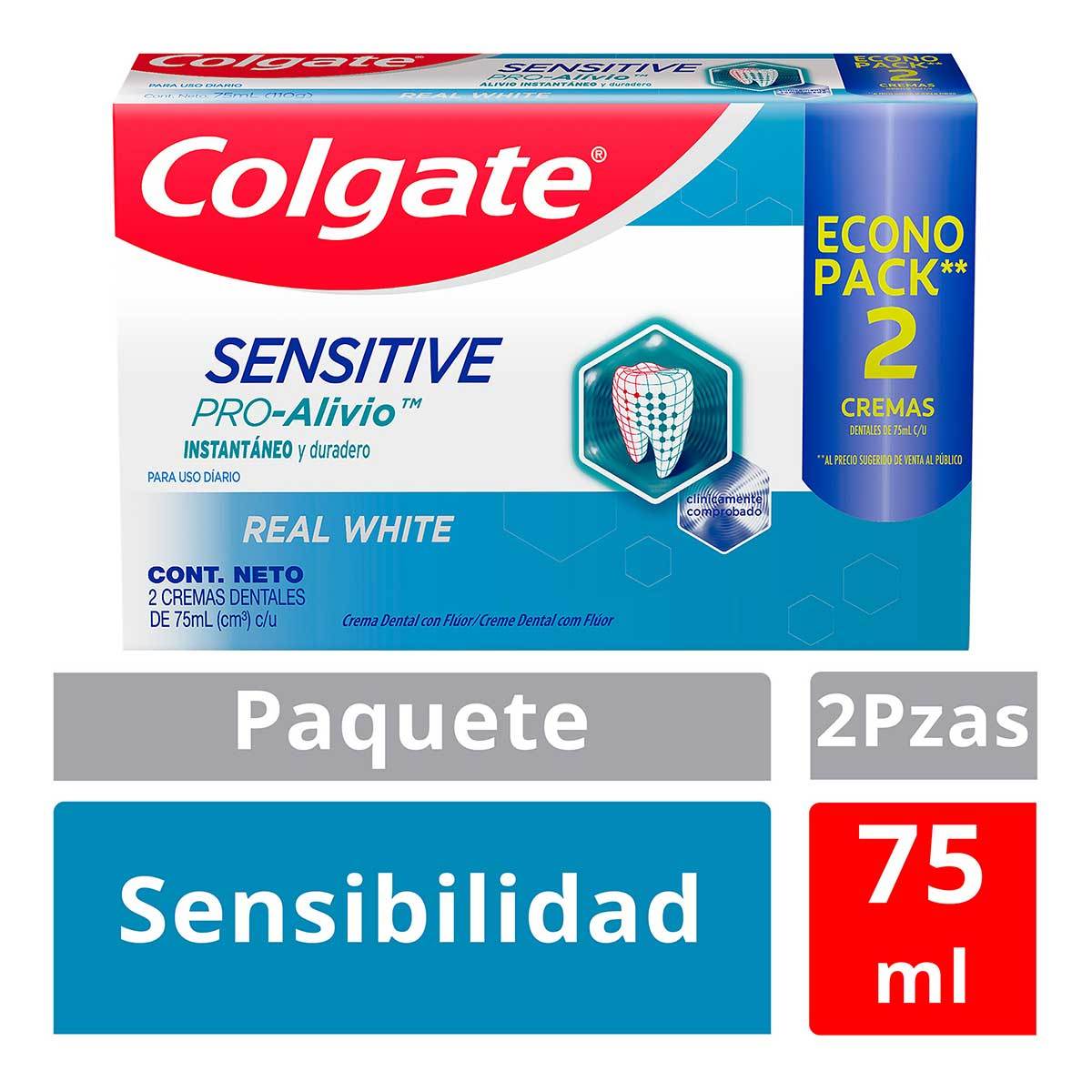 Crema Dental Colgate Sensitive Pro-Alivio Real White Caja x 75 mL x 2 Uds Econopack.