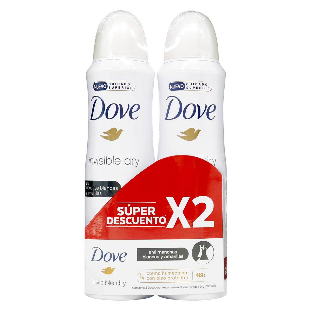 Desodorante Dove Women Invisible Dry Aerosol x 150 mL x 2 Uds Súper Descuento.