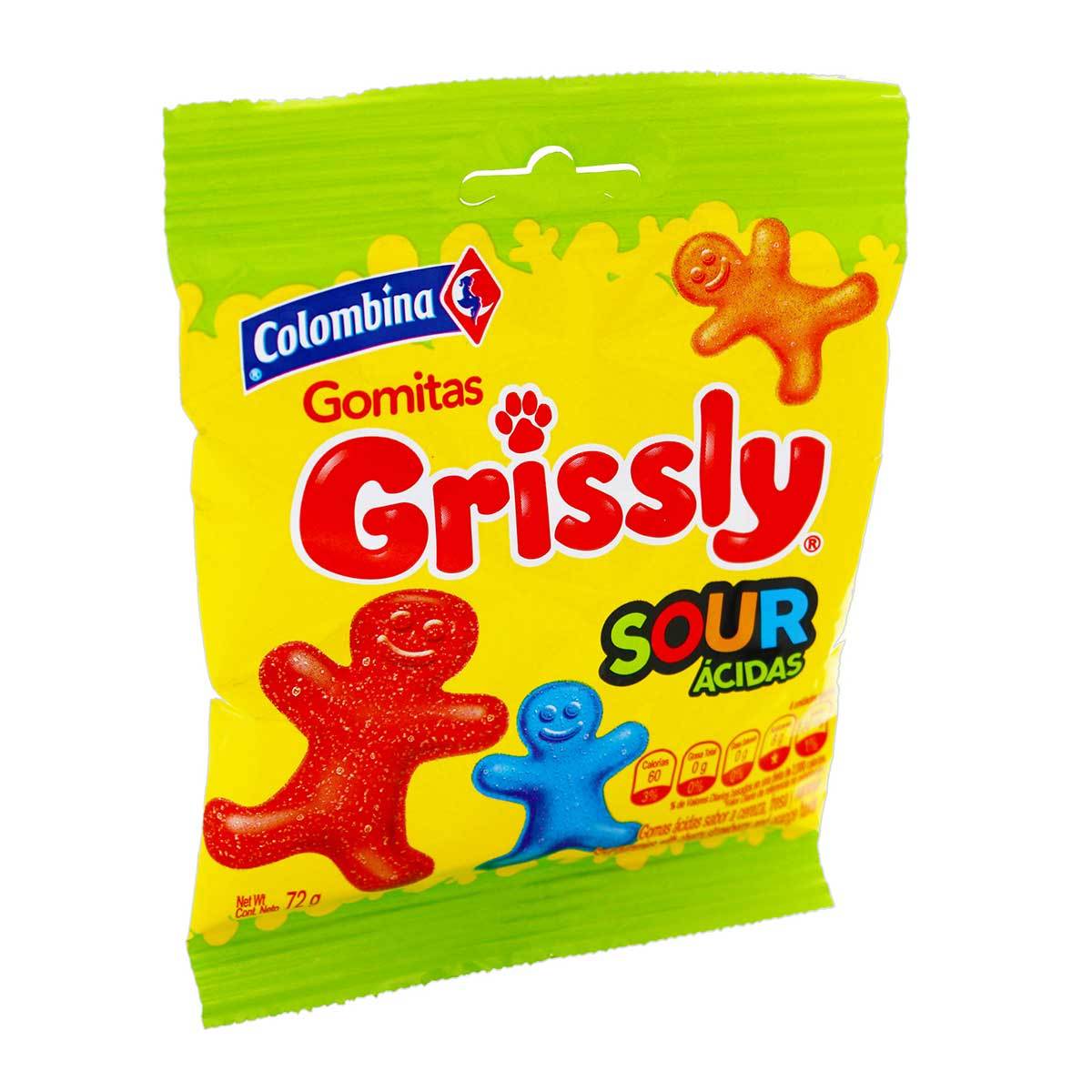 Gomas Grissly Sour Ácidas Sabor Cereza. Fresa y Naranja Paquete x 72 g.