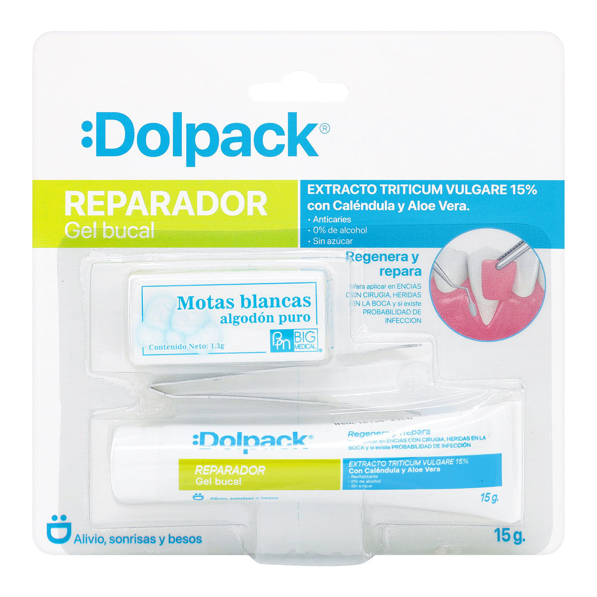 Gel Bucal Reparador Dolpack Tubo x 15 g + Pinzas + Motas de Algodón.