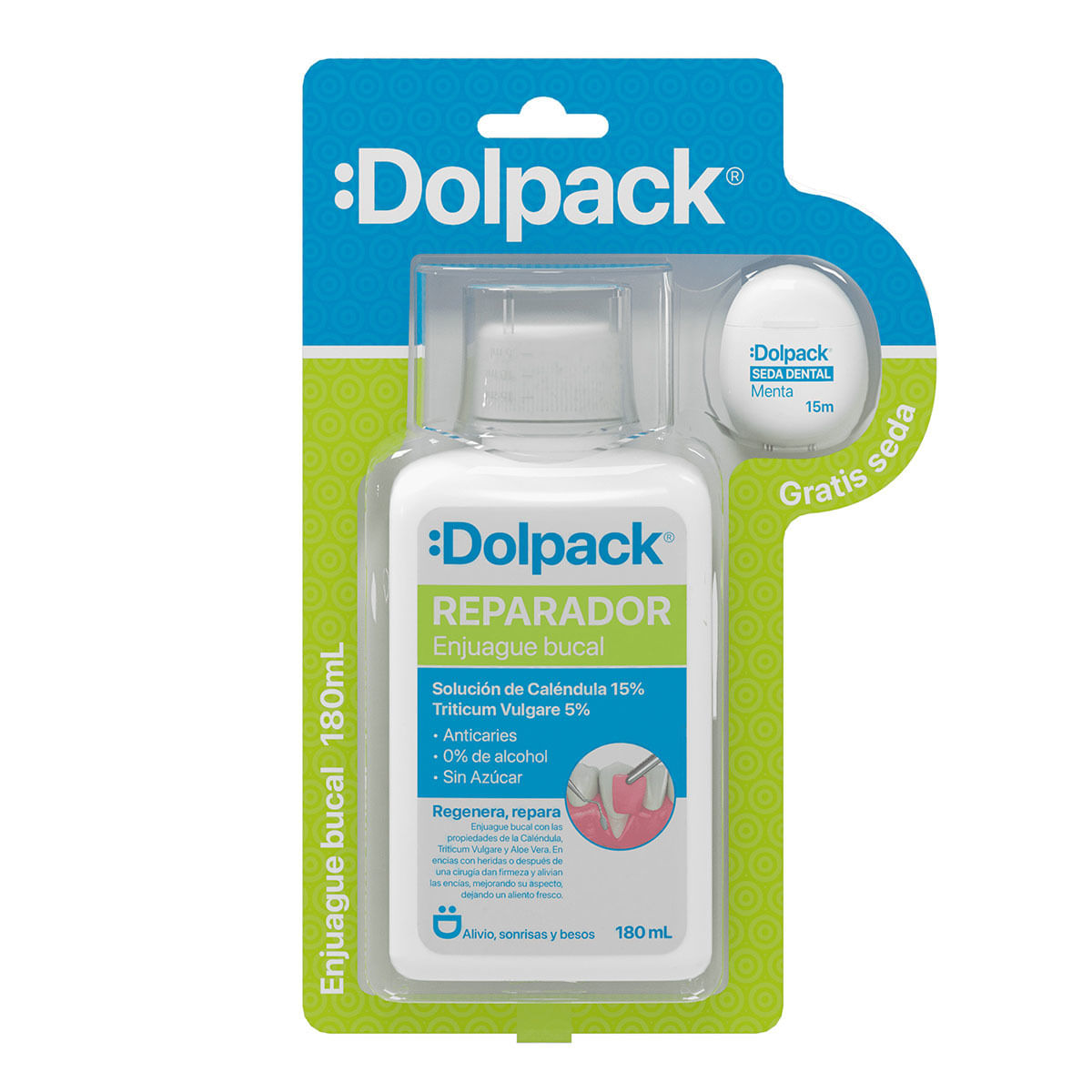 Enjuague Bucal Reparador Dolpack Frasco x 180 mL + Seda Dental Menta x 15 m