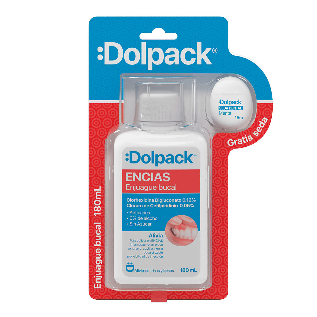 Enjuague Bucal Encías Dolpack Frasco x 180 mL + Seda Dental Menta x 15 m