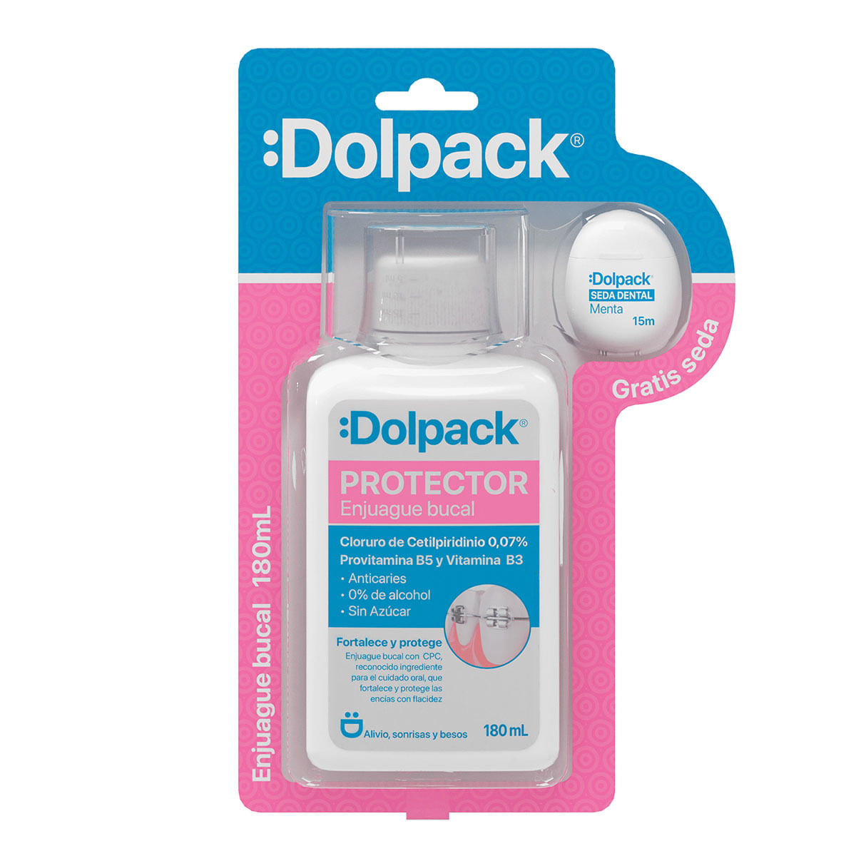 Enjuague Bucal Protector Dolpack Frasco x 180 mL + Seda Dental Menta x 15 m