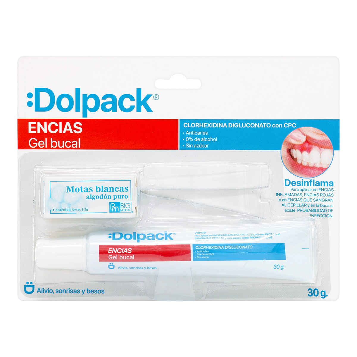 Gel Bucal Encias Dolpack Tubo x 30 g + Pinzas + Motas de Algodón.