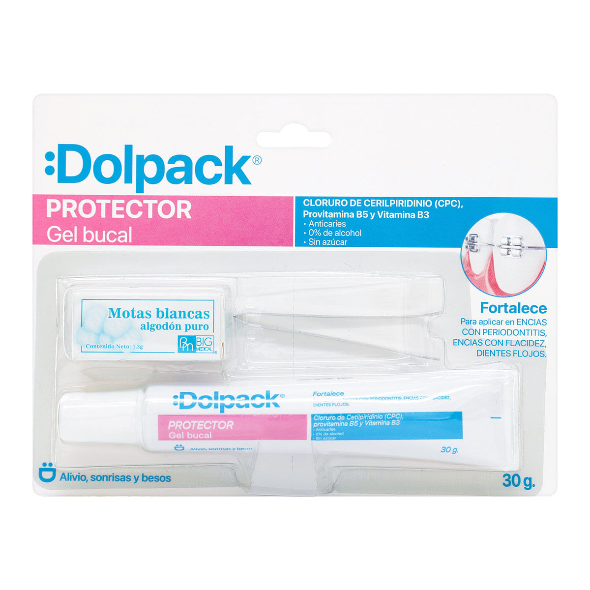 Gel Bucal Protector Dolpack Tubo x 30 g + Pinzas + Motas de Algodón.