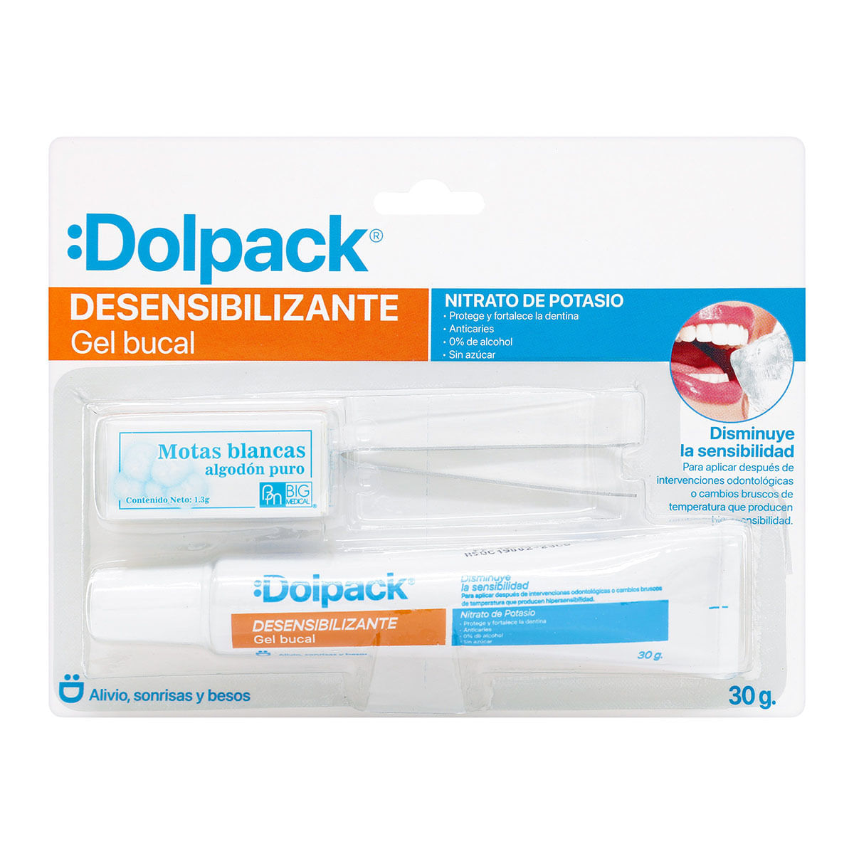 Gel Bucal Desensibilizante Dolpack Tubo x 30 g + Pinzas + Motas de Algodón.