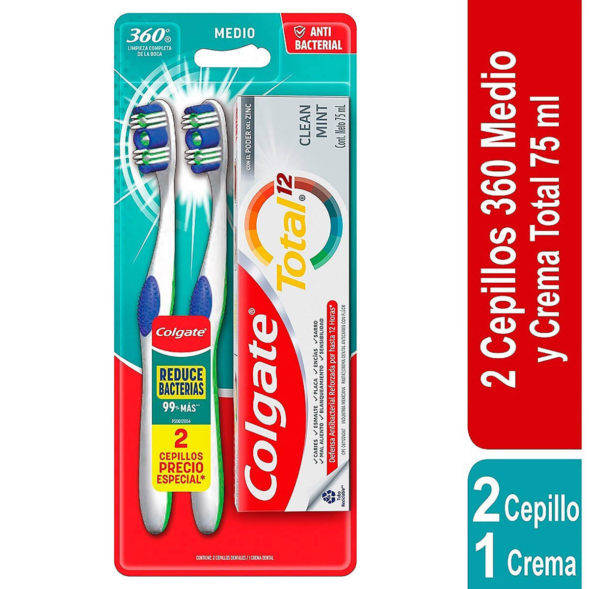 Cepillo Dental Colgate 360 Limpieza Blister x 2 Uds + Crema Dental Colgate Total 12 Clean Mint Caja x 75 mL Precio Especial.