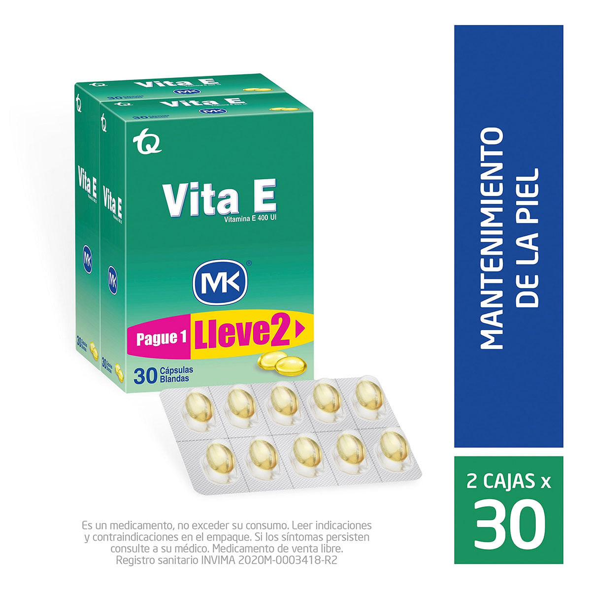 Vita E 400 Ui Mk Caja X 30 Cápsulas Blandas Pague 1 Lleve 2.