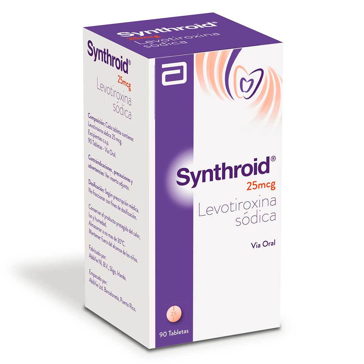 Synthroid 25 Mcg Abbott Frasco X 90 Tabletas.