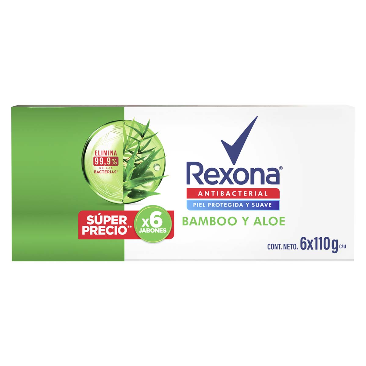 Jabón Rexona Antibacterial Bamboo y Aloe Barra x 110 g Paquete x 6 uds Super Precio