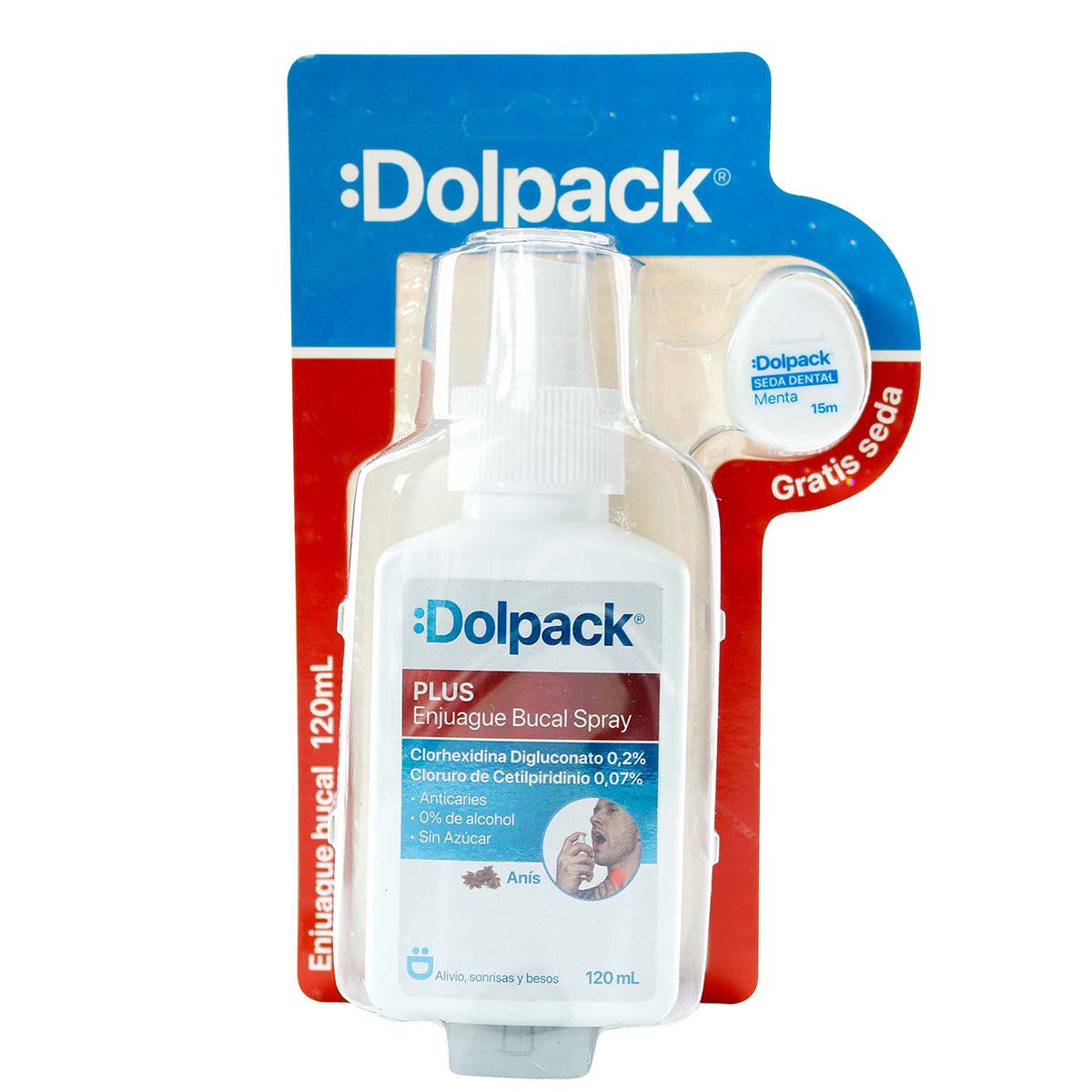 Enjuague Bucal Dolpack Plus Spray Frasco x 120 mL Gratis Seda Dental Menta 15 m