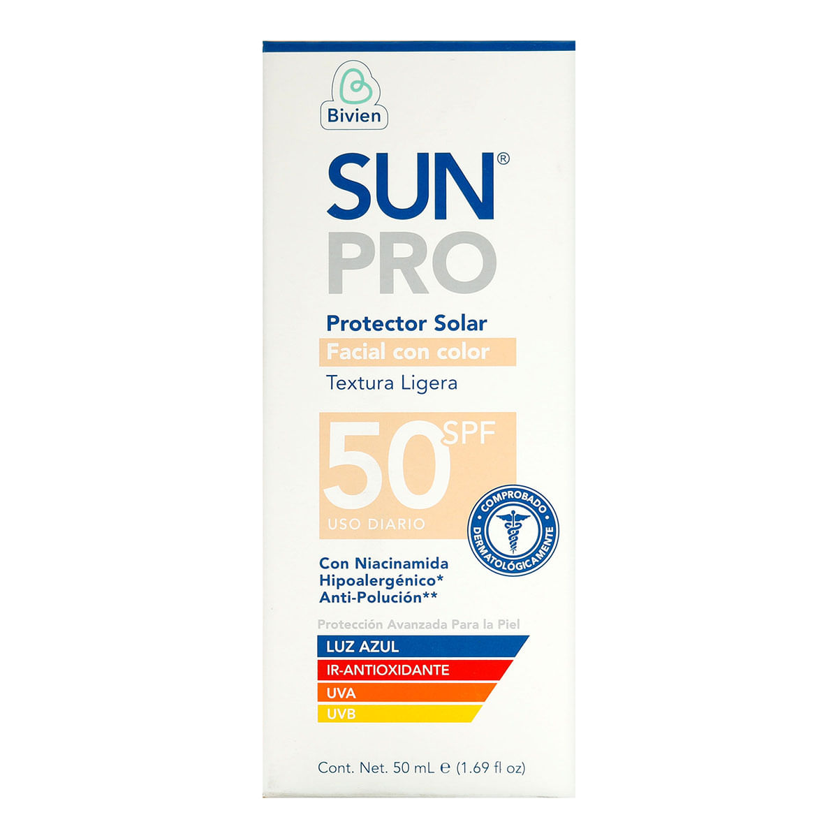 Protector Solar Facial con Color Sun Pro Bivien 50 SPF Frasco x 50 mL