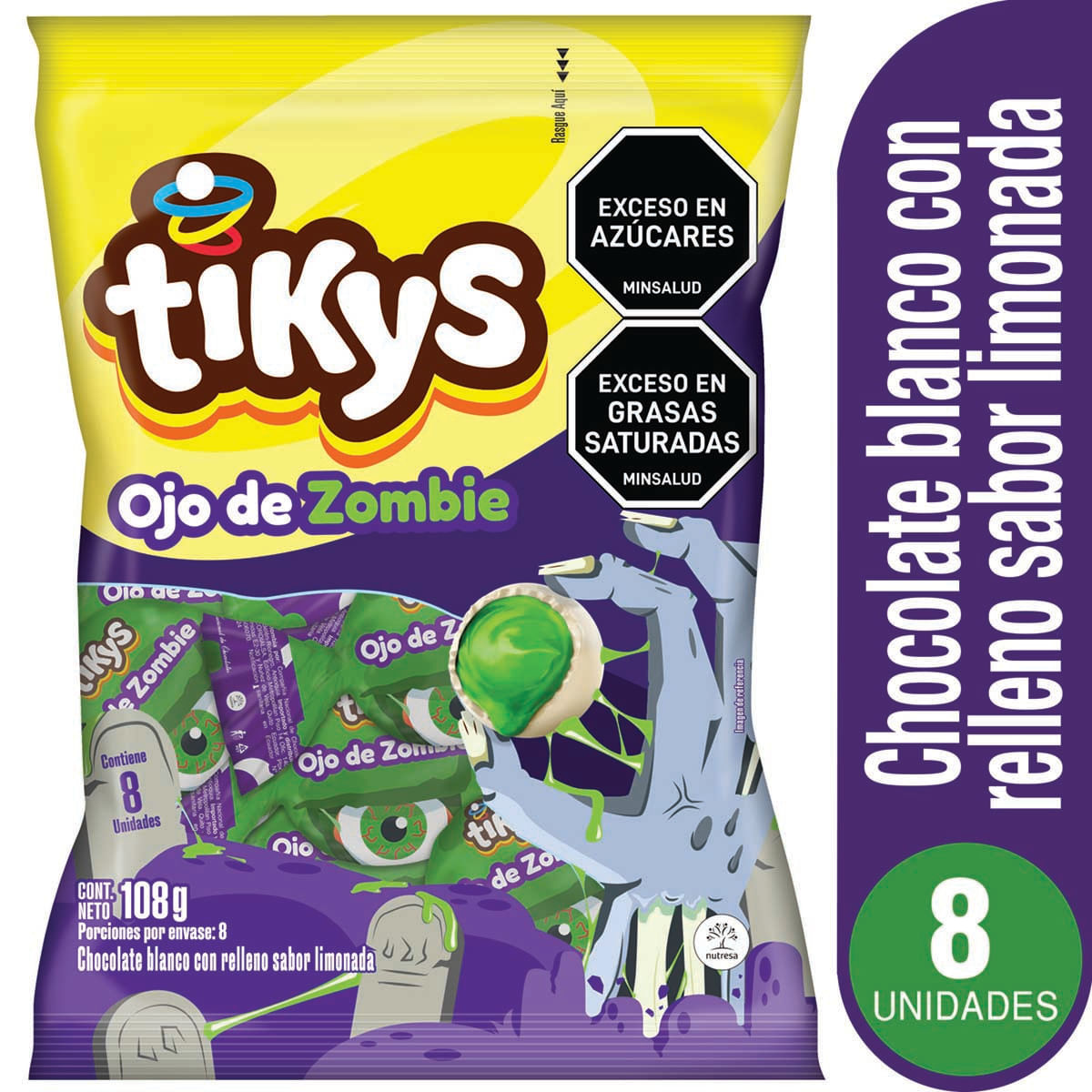 Chocolate Blanco con Relleno Ojo de Zombie Tikys Paquete x 8 uds