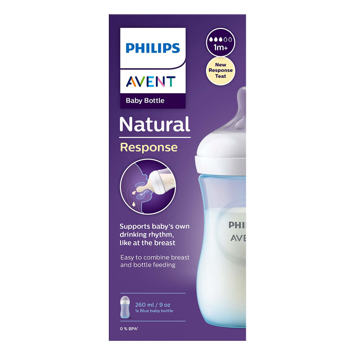 Biberón Azul Respuesta Natural Phillips con Tetina Flujo 3 Unidad x 260 mL