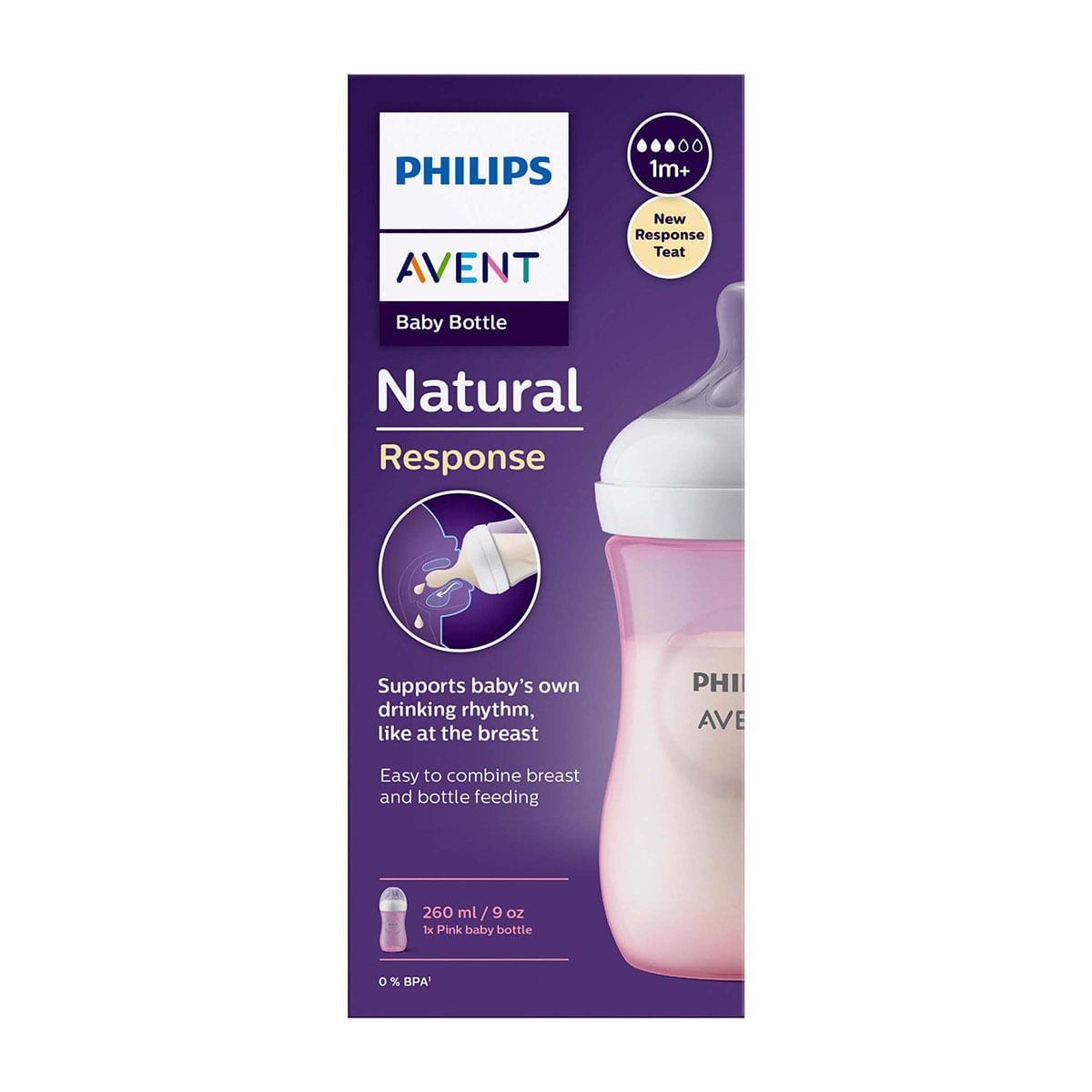 Biberón Rosado Respuesta Natural Phillips con Tetina Flujo 3 Unidad x 260 mL