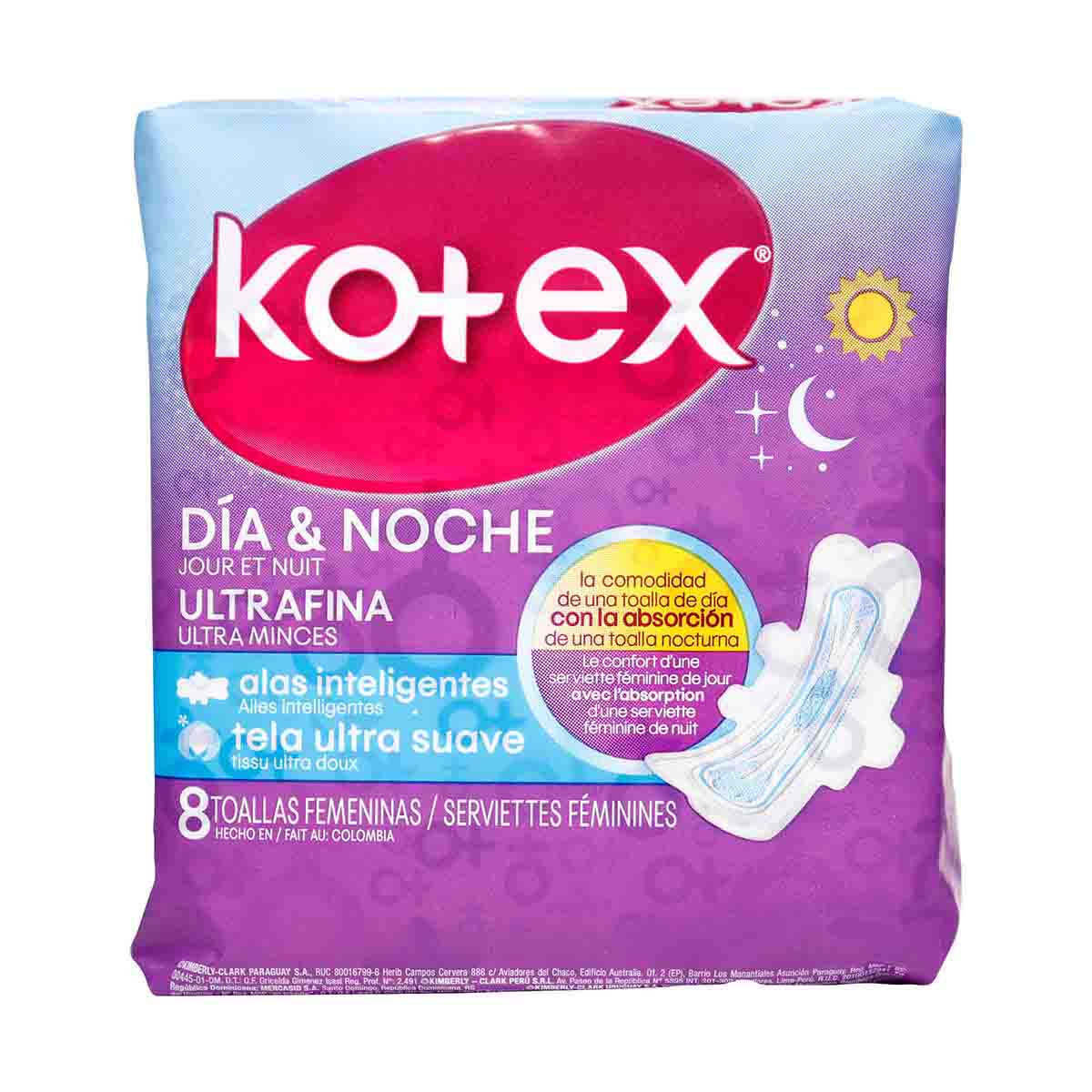 Toallas Femeninas Kotex Día y Noche Ultrafina Paquete x 8 uds