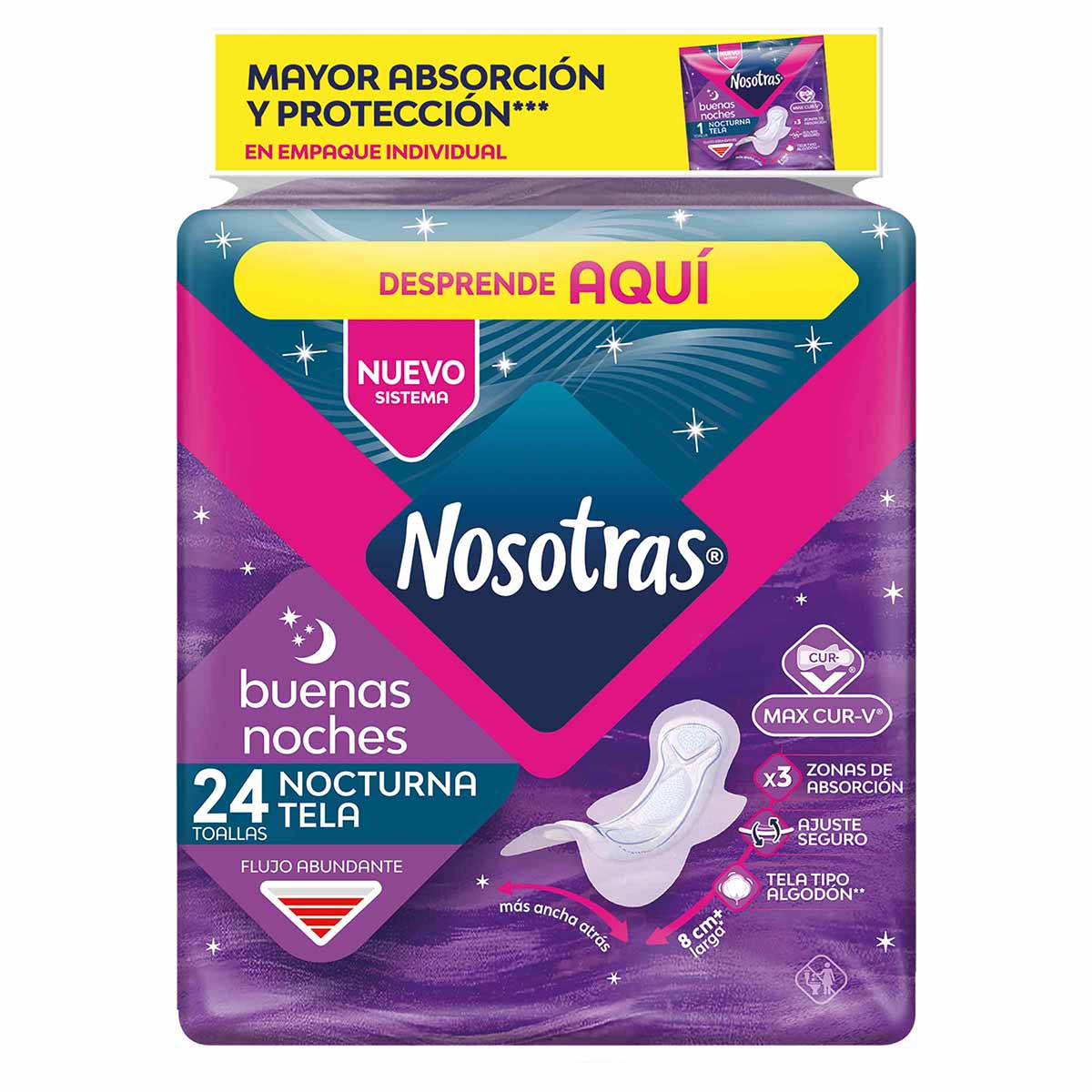 Toallas Higiénicas Nosotras Natural Buenas Noches Tela Tipo Algodón Paquete x 24 Uds.