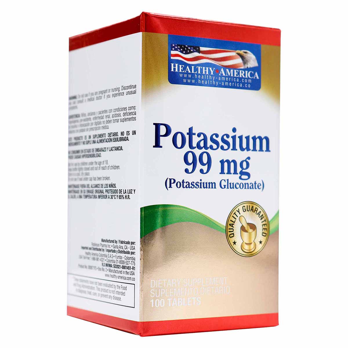 Gluconato de Potasio 99 mg Healthy America Caja x 100 Tabletas