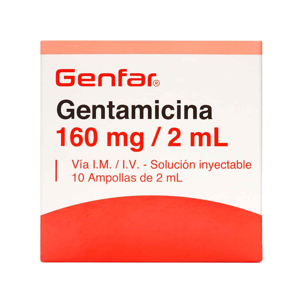 Solución Inyectable Gentamicina 160 mg Genfar Ampolla x 2 mL Caja x 10 Uds