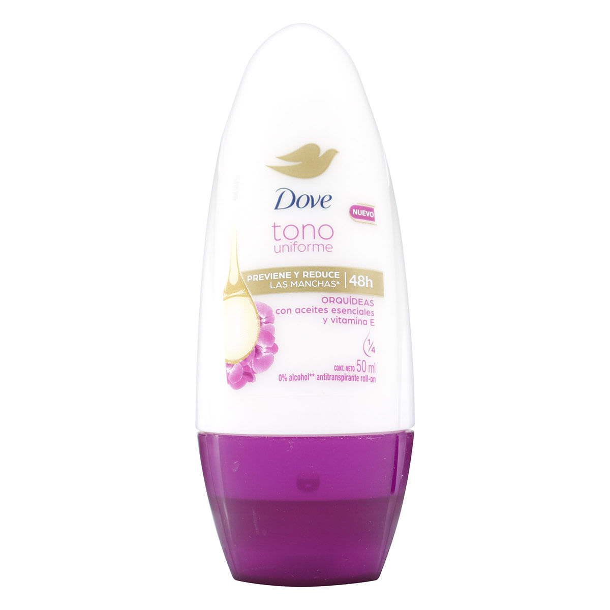 Antitranspirante en Roll-On Dove Tono Uniforme Orquídea y Vitamina E Frasco x 50 mL
