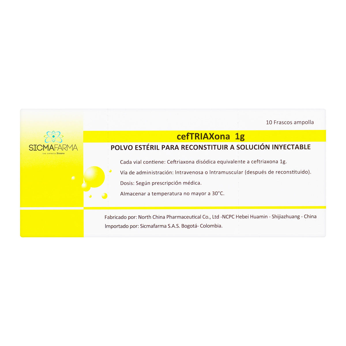 Polvo Estéril Para Reconstruir a Solución Inyectable Ceftriaxona 1 g Caja x 10 ampollas