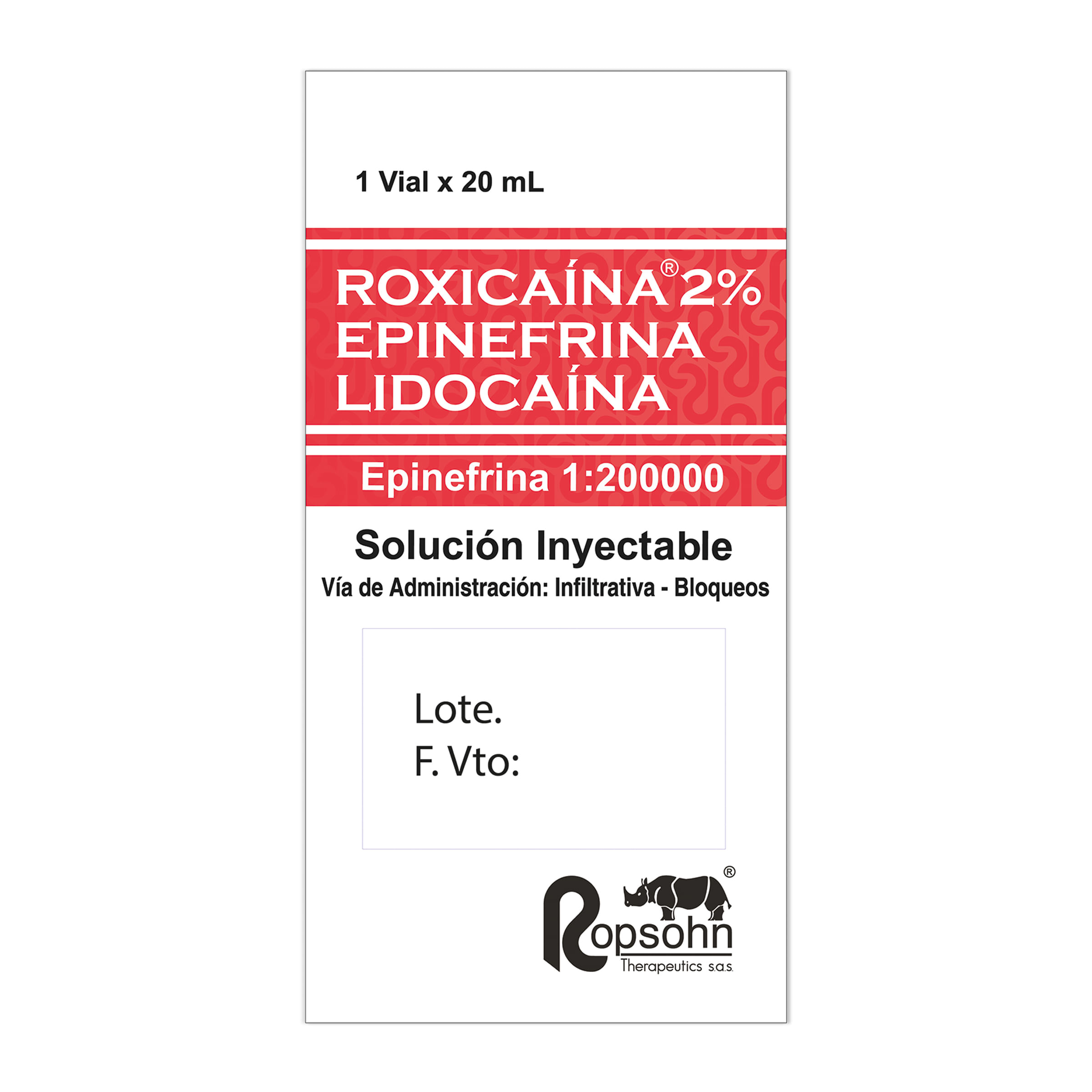 Solución Inyectable Roxicaína 2% Epinefina 1200 Ui Ropsohn Frasco X 20 Ml.