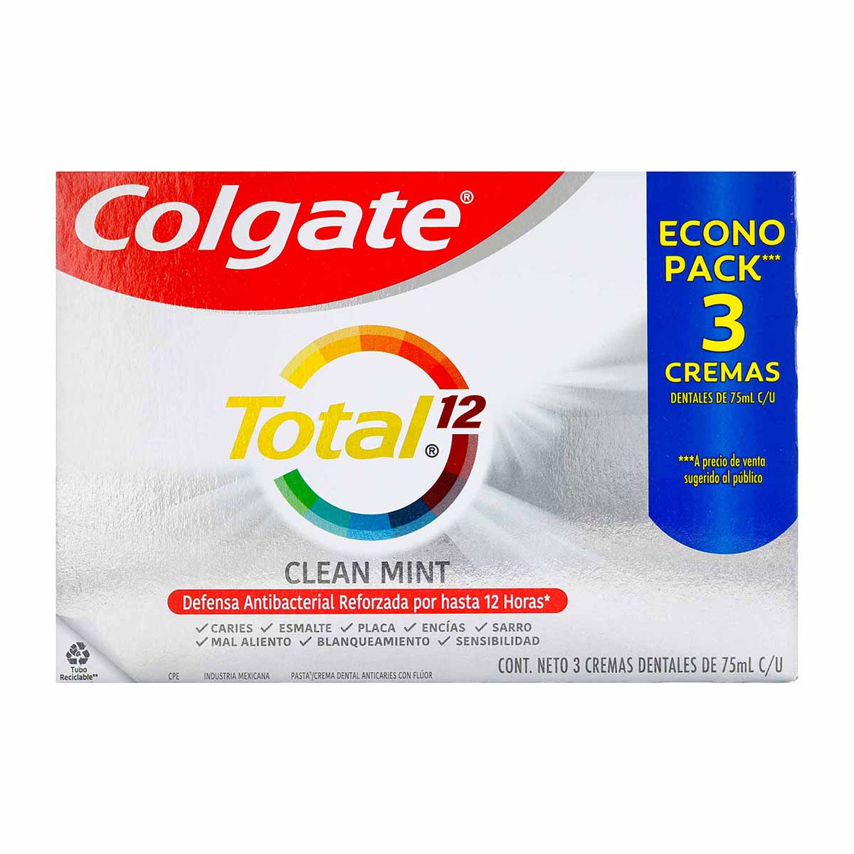 Crema Dental Colgate Total Clean Mint Prevención Activa Tubo de 75mL x 3 uds