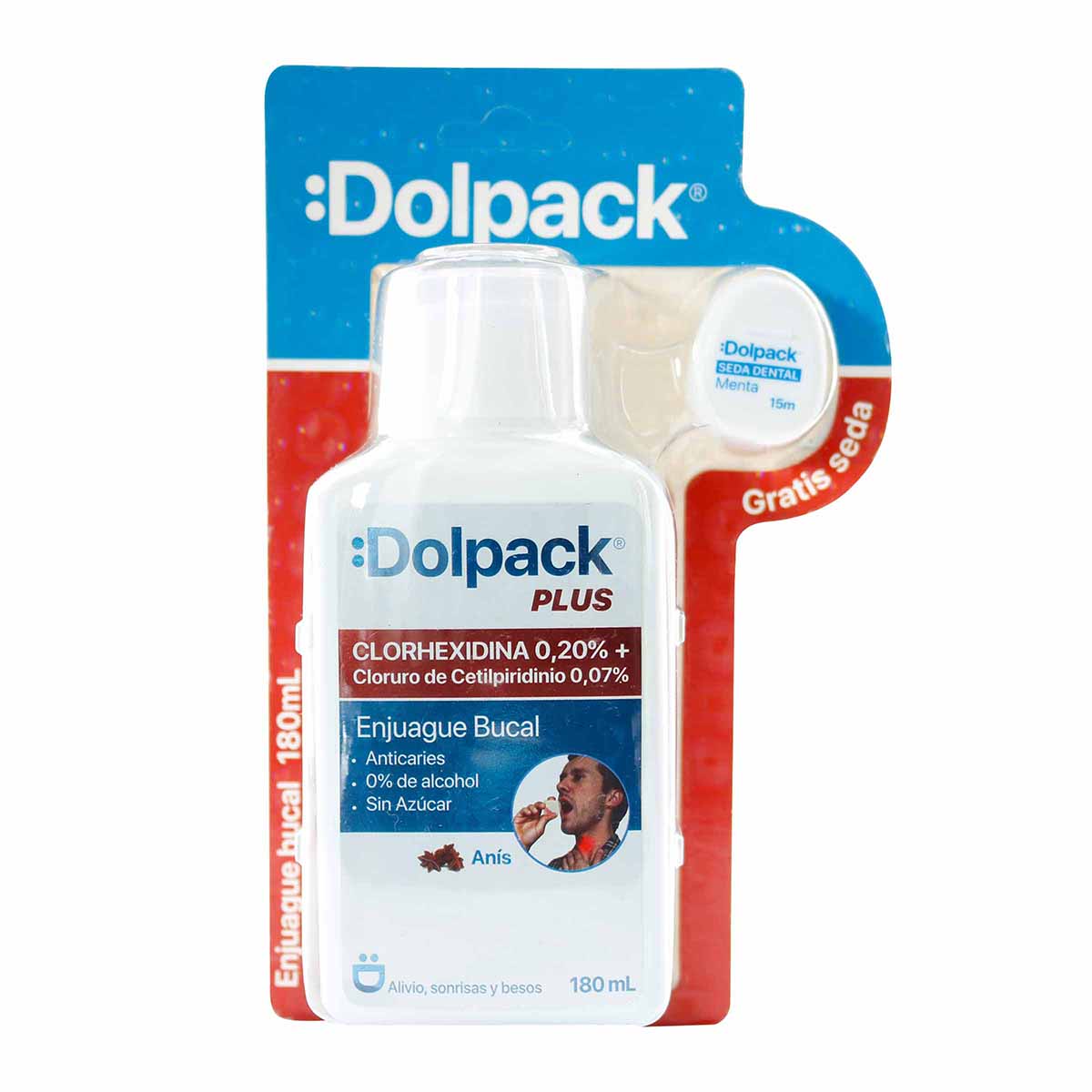 Enjuague Bucal Dolpack Plus Spray Frasco x 180 mL Gratis Seda Dental Menta 15 m