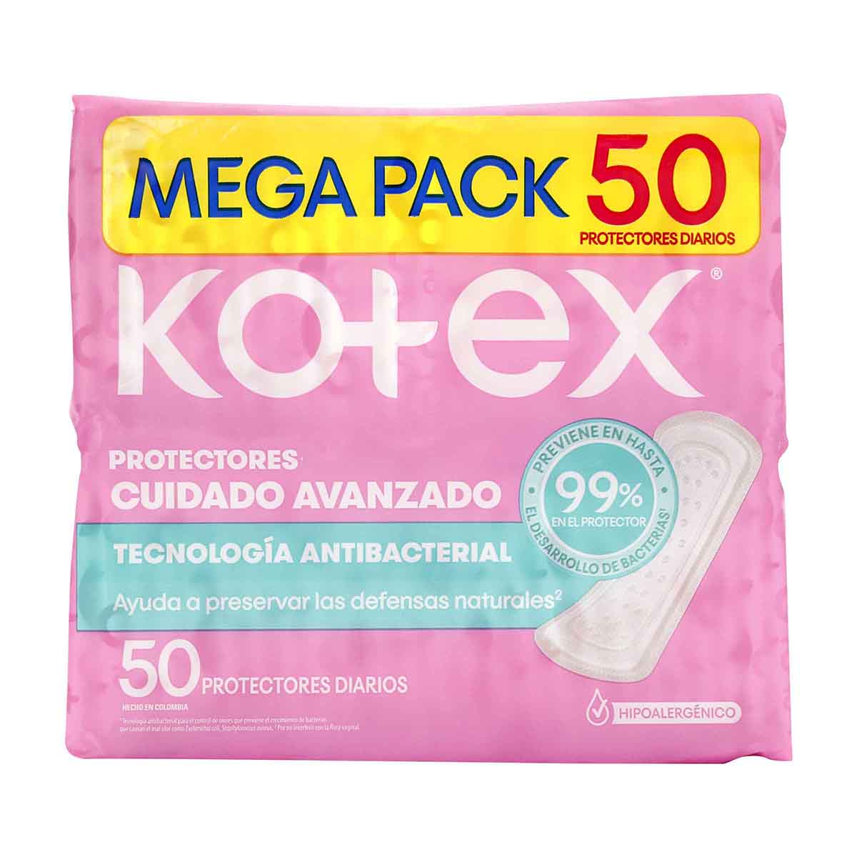 Protectores Diarios Kotex Tecnología Antibacterial Mega Pack Paquete x 50 uds