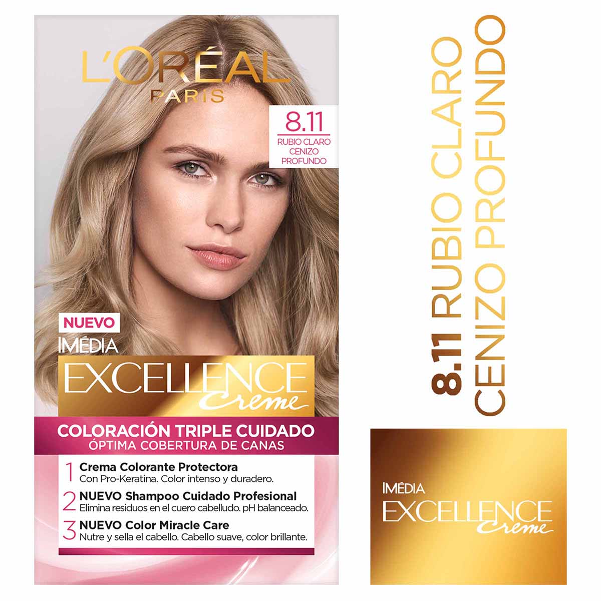 Tinte Capilar Permanente Loréal Paris Excellence Creme Tono 8.11 Rubio Claro Cenizo Profundo Caja x 1 Kit