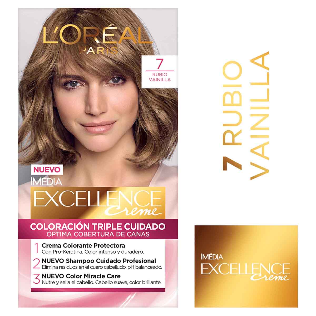 Tinte Capilar Permanente Loréal Paris Excellence Creme Tono 7 Rubio Vainilla Caja x 1 Kit