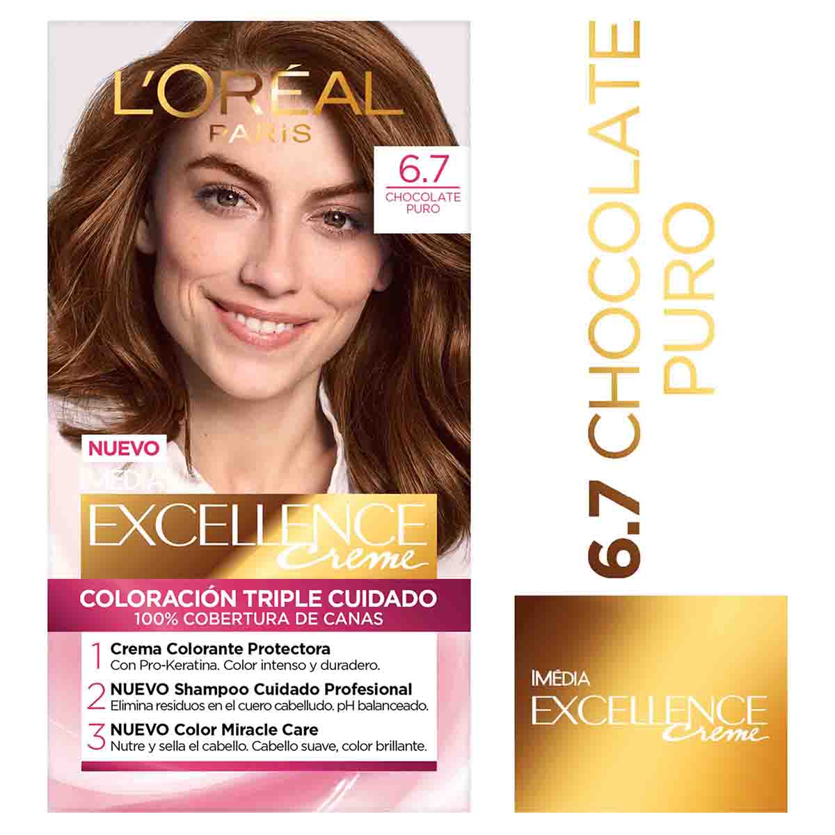 Tinte Capilar Permanente Loréal Paris Excellence Creme Tono 6.7 Chocolate Puro Caja x 1 Kit