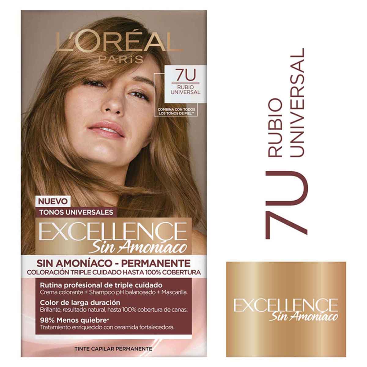 Tinte Capilar Permanente Loréal Paris Excellence Sin Amoniaco Tono 7U Rubio Universal Caja x 1 Kit