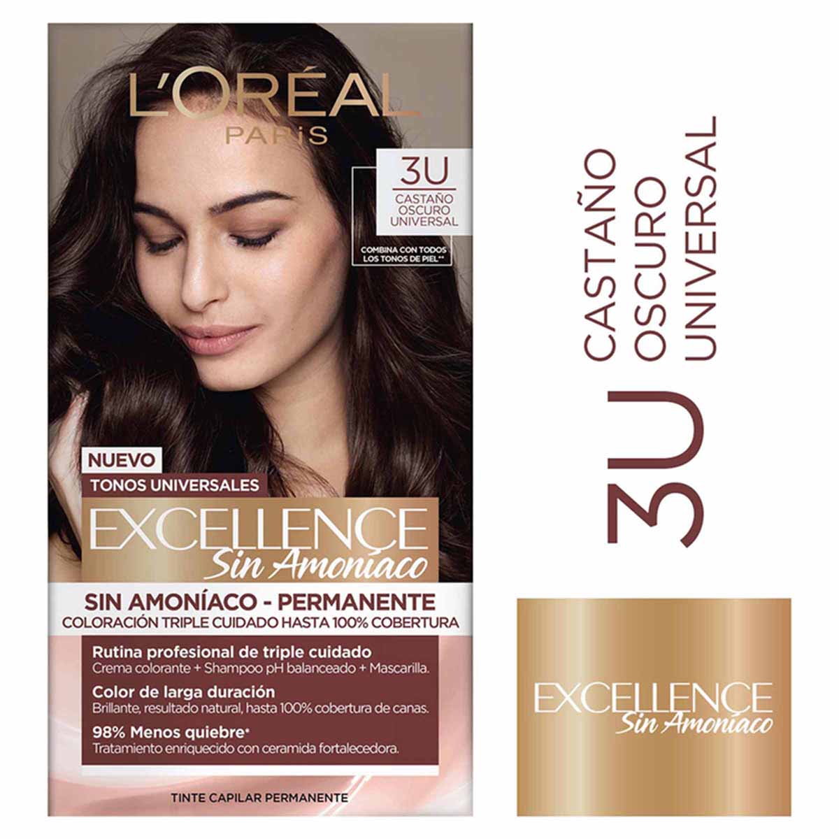 Tinte Capilar Permanente Loréal Paris Excellence Sin Amoniaco Tono 3U Castaño Oscuro Universal Caja x 1 Kit