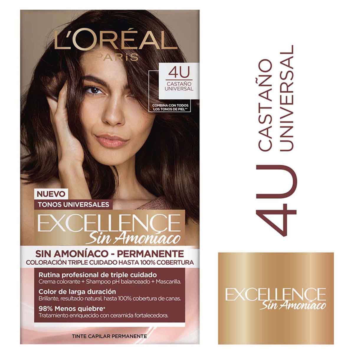 Tinte Capilar Permanente Loréal Paris Excellence Sin Amoniaco Tono 4U Castaño Universal Caja x 1 Kit