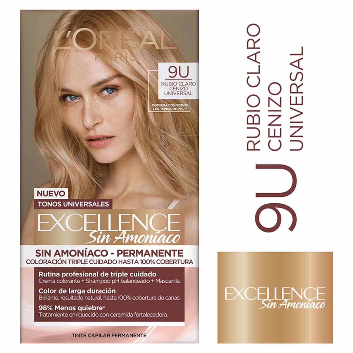 Tinte Capilar Permanente Loréal Paris Excellence Sin Amoniaco Tono 9U Rubio Claro Cenizo Universal Caja x 1 Kit