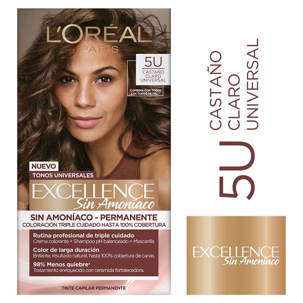 Tinte Capilar Permanente Loréal Paris Excellence Sin Amoniaco Tono 5U Castaño Claro Universal Caja x 1 Kit
