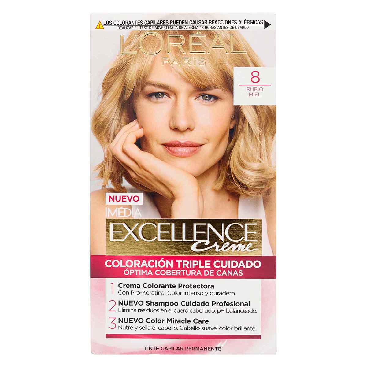 Tinte Capilar Permanente Loréal Paris Excellence Creme Tono 8 Rubio Miel Caja x 1 Kit