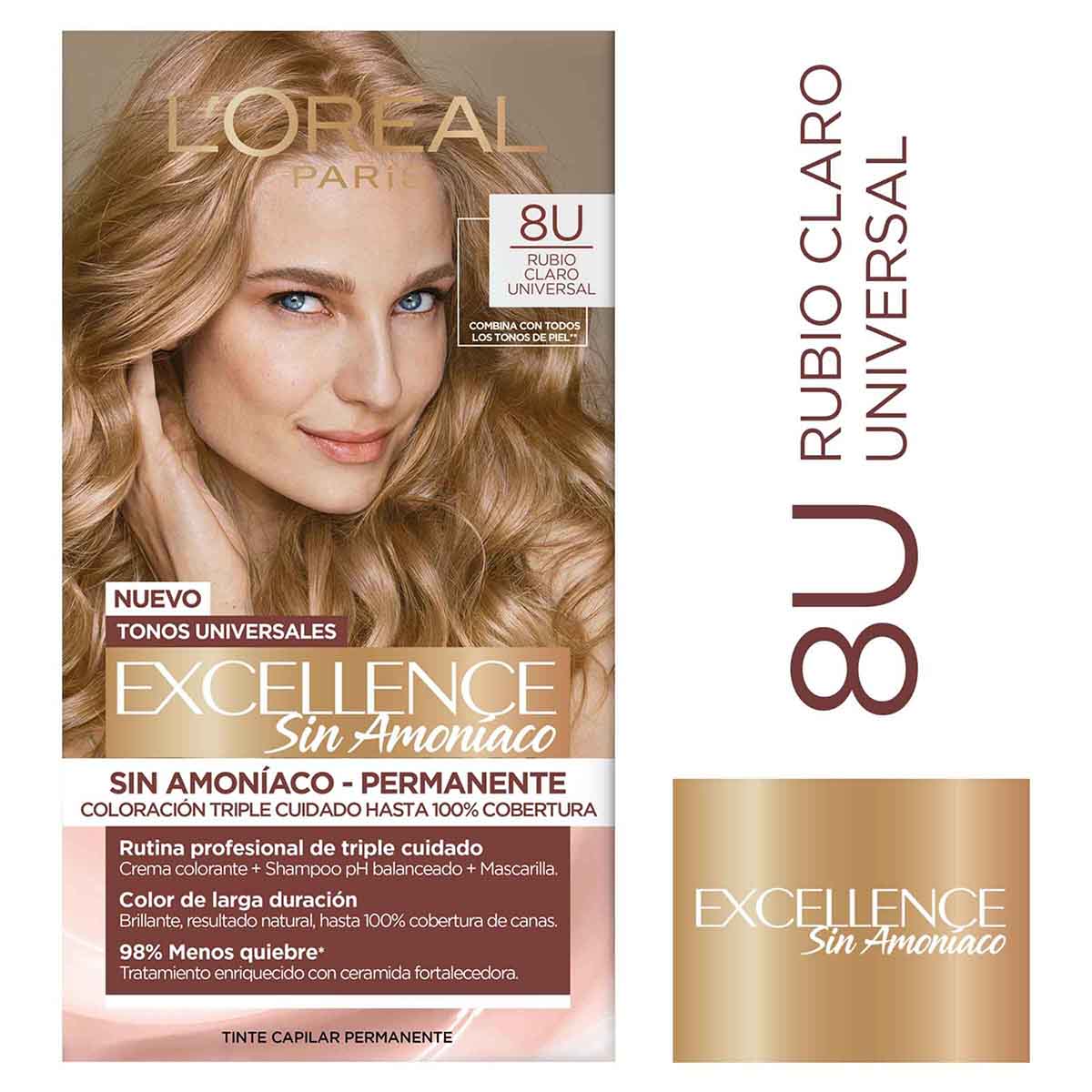 Tinte Capilar Permanente Loréal Paris Excellence Sin Amoniaco Tono 8U Rubio Claro Universal Caja x 1 Kit